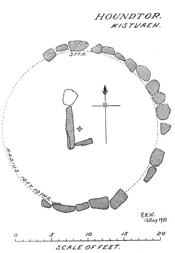 sketch of Hound Tor kistvaen and stone circle